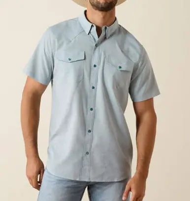 Ariat® Men's S/S Blue Heather VentTEK Fitted Snap Shirt - Brands