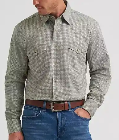 Wrangler 20X® Men's L/S Olive Mini Geo Print Advanced Comfort Snap Shirt - Brands