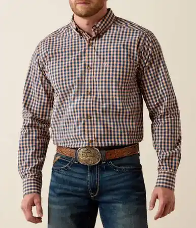Ariat® Men's L/S Orange/Blue Plaid Pro Series Jeremy Fitted Button Shirt - Brands