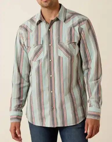 Ariat® Men's L/S Aqua/Grey/Red Striped Retro Hesperus Fitted Snap Shirt - Brands