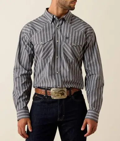 Ariat® Men's S/S Grey/White Striped Pro Series Theron Classic Fit Snap Shirt - Brands