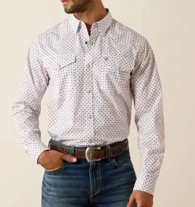 Ariat® Men's L/S White/Black/Rust Geo Print Tony Fitted Snap Shirt - Brands
