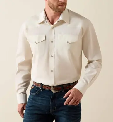 Ariat® Men's L/S Off White WF Pinpoint Oxford Classic Fit Snap Shirt - Mens