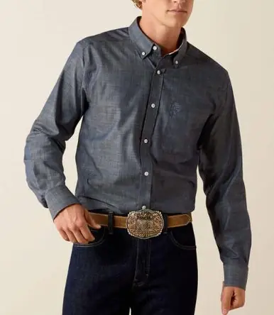 Ariat® Men's L/S Chambray Blue WF Fitted Button Shirt - Mens