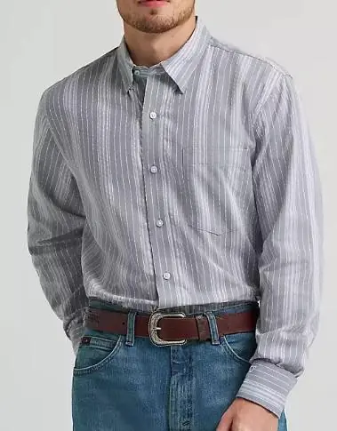 Wrangler® Cody Johnson Men's L/S Charcoal Dobby Striped Button Shirt - Mens