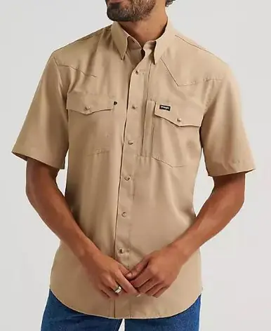 Wrangler® Men's S/S All Terrain Gear Performance Snap Shirt in Travertine Khaki - Mens