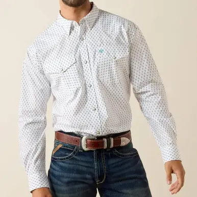 Ariat® Men's L/S White/Blue Geo Print Snap Shirt - Mens