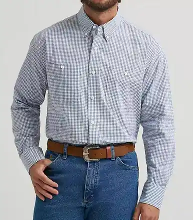 Wrangler® George Strait™ Men's L/S Baby Blue Check Button Shirt - Mens