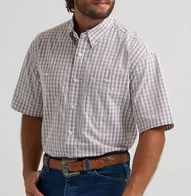 Wrangler® George Strait™ Men's S/S Grey Peach Madras Button Shirt - Mens
