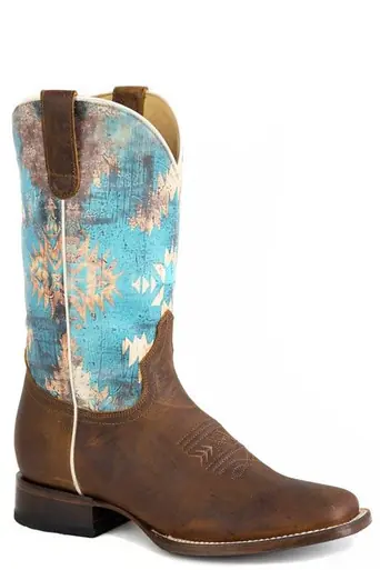 Roper® Ladies' Oily Brown/Blue Aztec Square Toe Boots - Brands