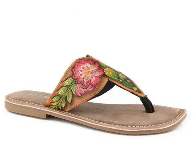 Roper® Ladies' Juliet Cactus Painted Tooled Flat Sandals - Brands