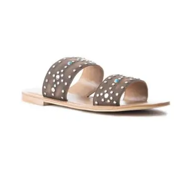 Myra® Ladies' Tan Turquoise/Silver Studs Sagebrush Leather Slides - Footwear