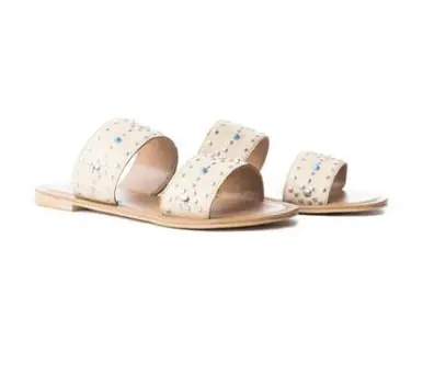 Myra® Ladies' White Leather Turquoise/Silver Studs Sagebrush Slides - Footwear