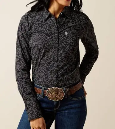 Ariat® Ladies' L/S Black/White Boot Stitch Print Stretch Button Shirt