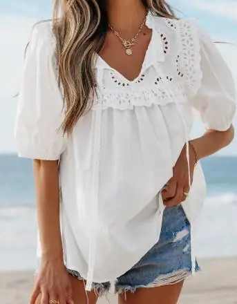 1 the Woman® Ladies' S/S White Embroidered Lace Tie Neck Blouse