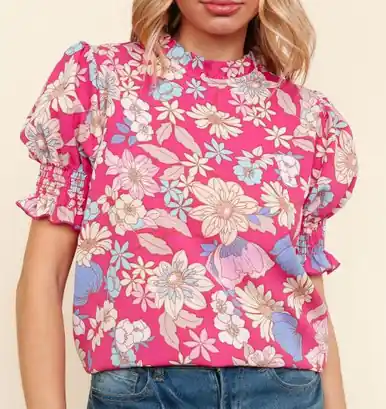 Haptics® Ladies' S/S Pink Floral Mock Neck Bubble Sleeve Blouse