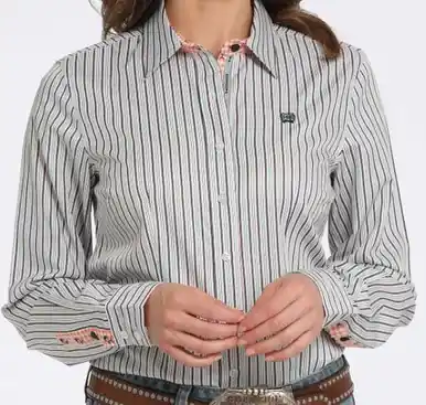 Cinch® Ladies' L/S White/Teal Stripe Button Shirt