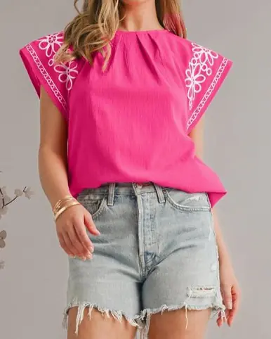 Aapparella® Ladies' S/S Hot Pink White Embroidered Blouse