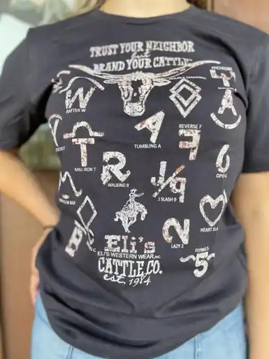 XOXOart & Co® Ladies' S/S Dark Grey Eli's Cattle Co/Brands T-Shirt