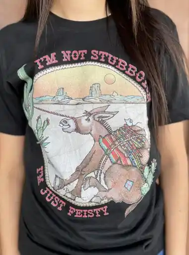 XOXOart & Co® Ladies' S/S Black Stubborn/Fiesty Mule T-Shirt
