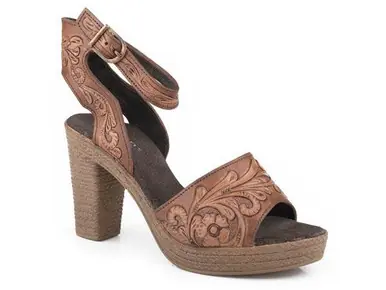 SALE Roper® Ladies' Tan Floral Tooled High Tide Sandals - Sale Barn