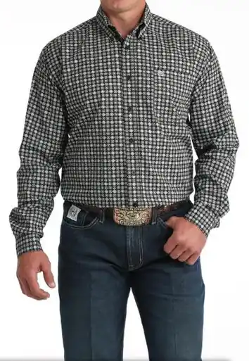 Cinch® Men's L/S Brown/Light Blue Print Button Shirt - Mens