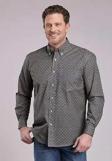 Roper® Men's L/S Navy/Olive Geo Print Button Shirt - Mens