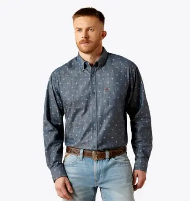Ariat® Men's L/S Chambray Blue Print Watson Classic Fit Button Shirt - Mens