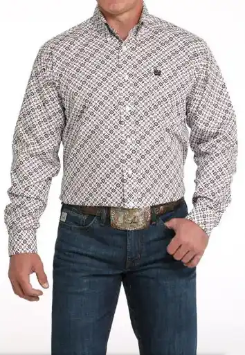 Cinch® Men's L/S White/Red/Black Geo Print Button Shirt - Brands