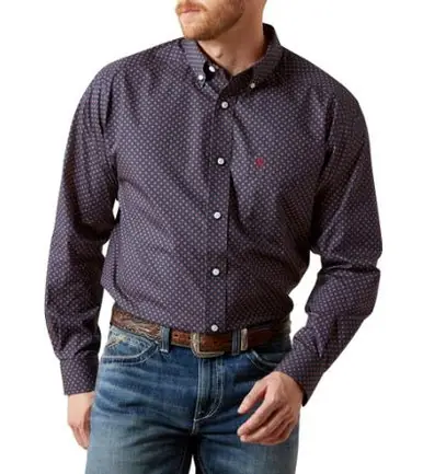 Ariat® Men's L/S Navy/Red Print WF Briggs Classic Fit Button Shirt - Mens