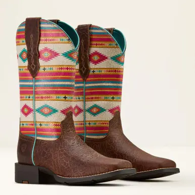 Ariat® Ladies' Brown SW Embossed/Aztec Round Up Wide Square Toe Boots - Brands