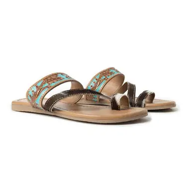 Myra® Ladies' Ladonna Trail Tan/Turquoise Tooled & Cowhide Sandals - Footwear