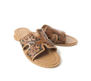 Myra® Ladies' Carmina Anne Tan/Black Tooled Sandals - Footwear