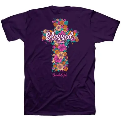 Cherished Girl® Ladies' S/S Purple Blessed Floral Cross T-Shirt
