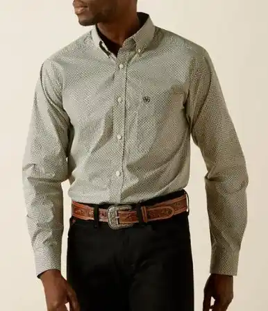 Ariat® Men's L/S Brenden Cream/Black Print Fitted Button Shirt - Mens