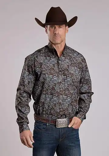 Stetson® Men's L/S Brown/Blue Floral Paisley Print Button Shirt - Mens