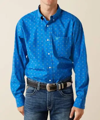 Ariat® Men's L/S Royal Blue Print WF Carter Classic Fit Button Shirt - Mens