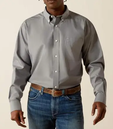 Ariat® Men's L/S WF Solid Grey Pinpoint Oxford Classic Fit Button Shirt - Mens