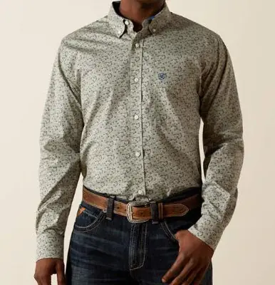 Ariat® Men's L/S Light Grey Print WF Cade Fitted Button Shirt - Mens
