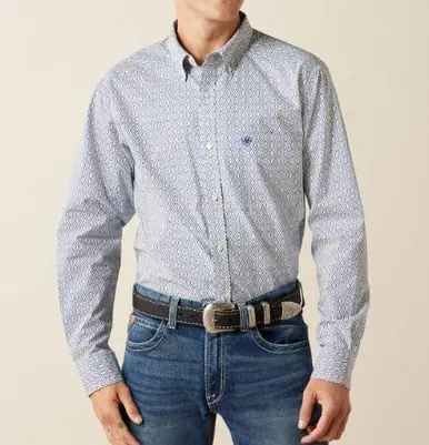 Ariat® Men's L/S Cream/Blue Print Santos Fitted Button Shirt - Mens
