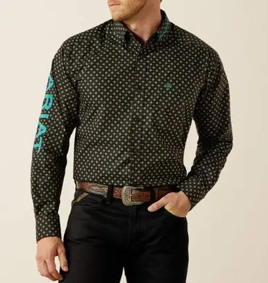 Ariat® Men's L/S Black Print/Teal Team Philbert Classic Fit Button Shirt - Mens