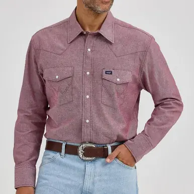 Wrangler Cowboy Cut® Men's L/S Wine Chambray Snap Work Shirt - Mens