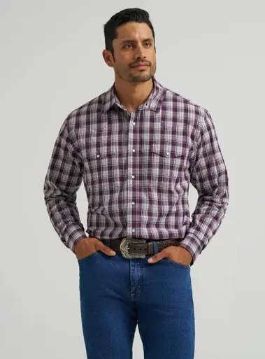 Wrangler® Men's L/S Burgundy Plaid Snap Shirt - Mens