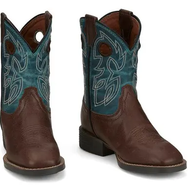 Justin® Youth Walnut Brown/Teal Bowline Jr. Square Toe Boots - Footwear
