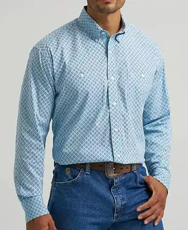 Wrangler® George Strait™ Men's L/S Powder Blue Diamond Print Button Shirt - Mens
