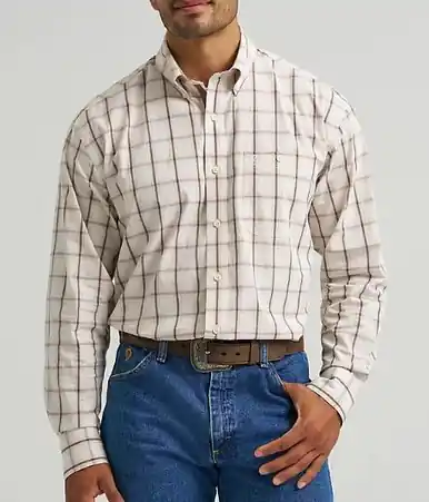 Wrangler® George Strait™ Men's L/S Ecru/Brown Plaid Button Shirt - Mens