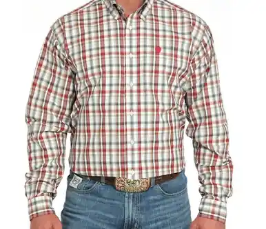 Cinch® Men's L/S Cream/Red Plaid Button Shirt - Mens