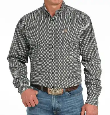 Cinch® Men's L/S Black/Olive/Light Blue Print Button Shirt - Mens