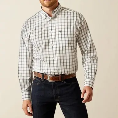 Ariat® Men's L/S White/Black Plaid Remi WF Classic Fit Button Shirt - Mens