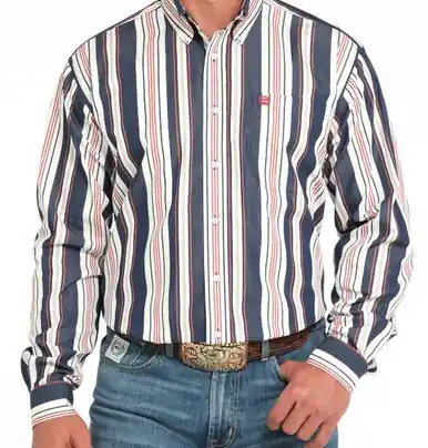 Cinch® Men's L/S Navy Multicolor Stripe Button Shirt - Mens